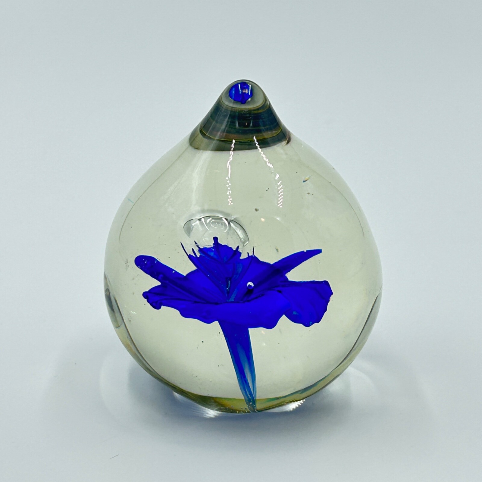 Vintage Art Glass Paperweight – clear with blue flower and controlled bubble
