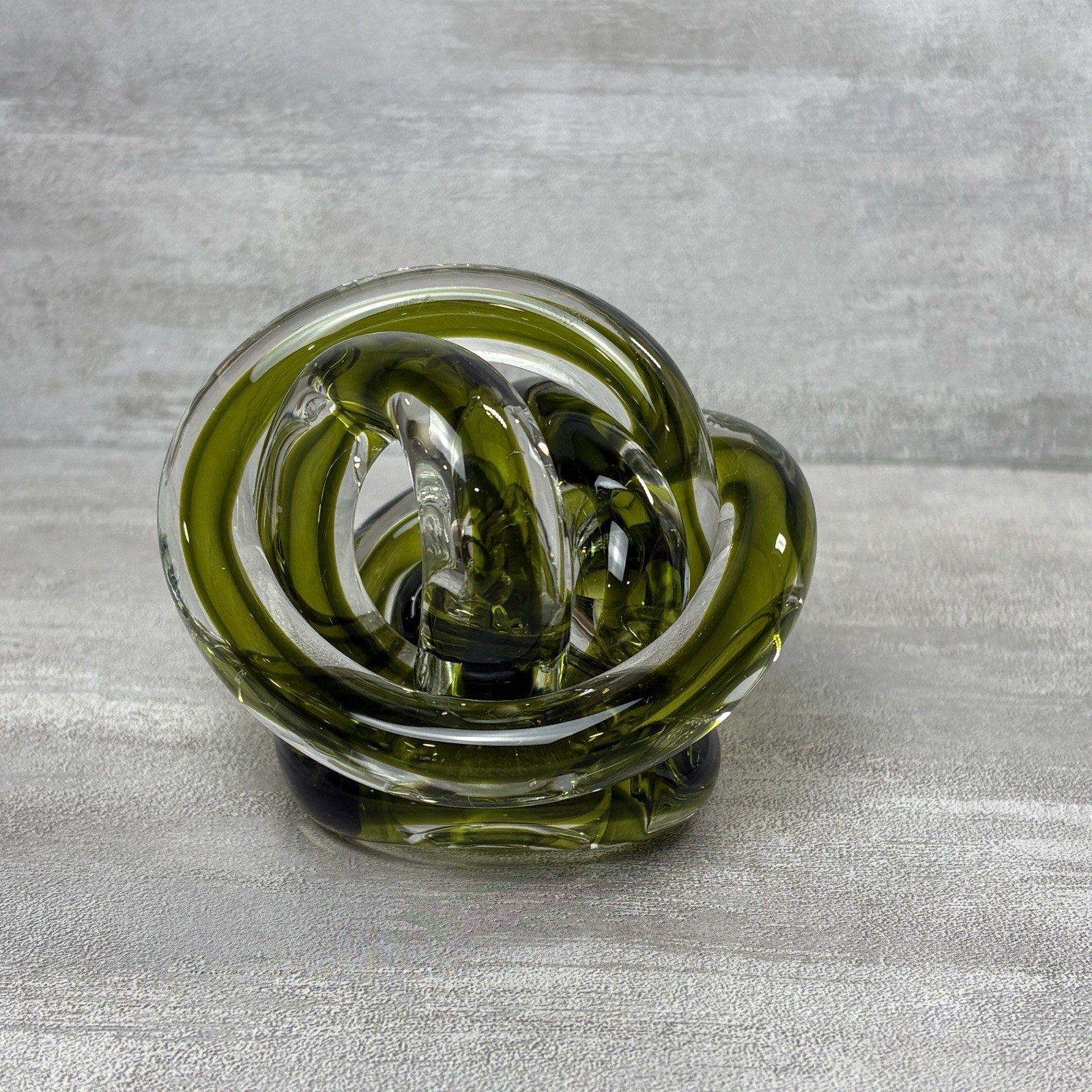 Vtg Murano Style Glass Infinity Knot Sculpture Green Clear MCM Paperweight 13oz