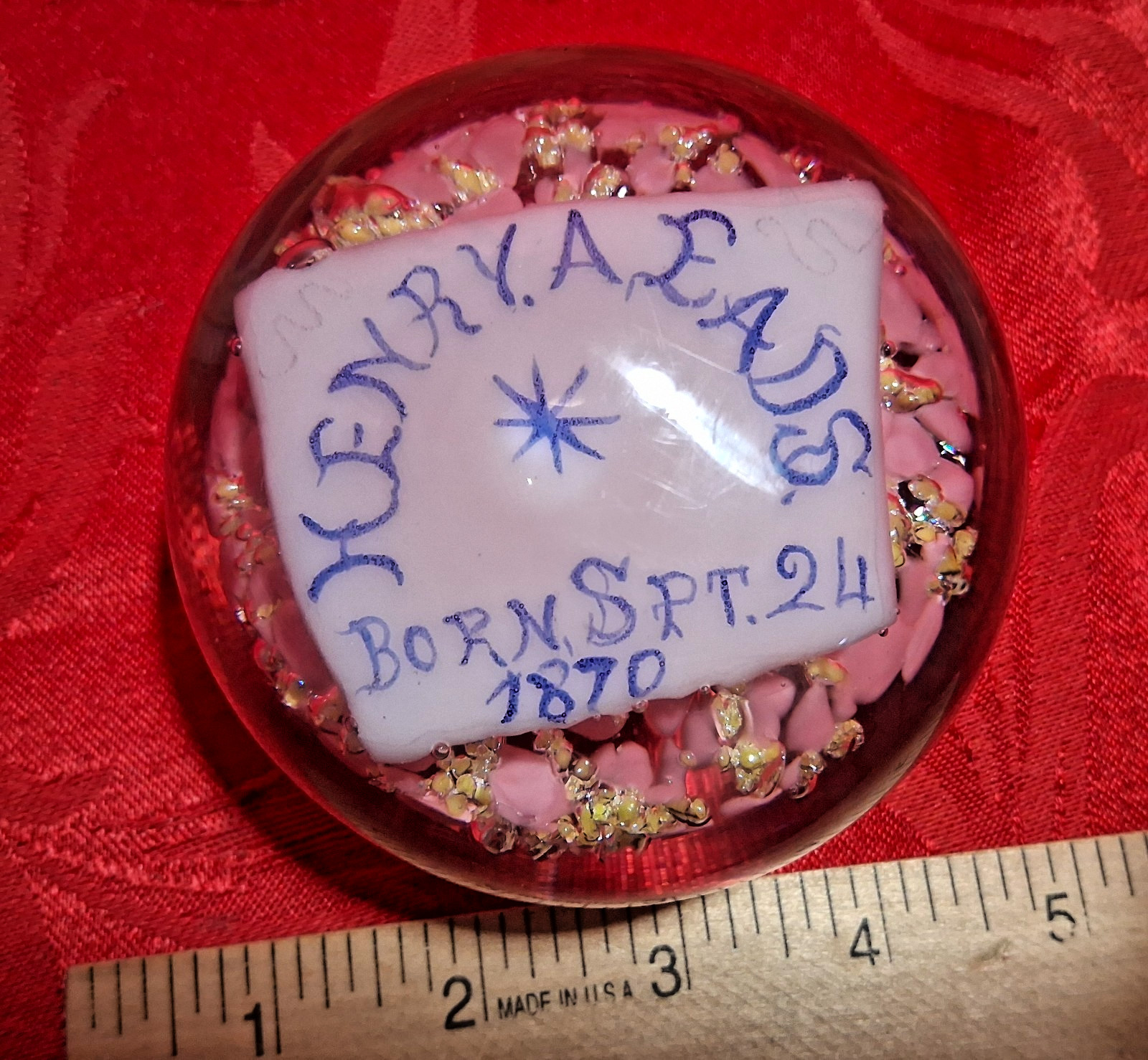 Rare Antique 1870 Birth Paperweight Folk Art Blown Glass 1of a kind Big 4″ 2lb
