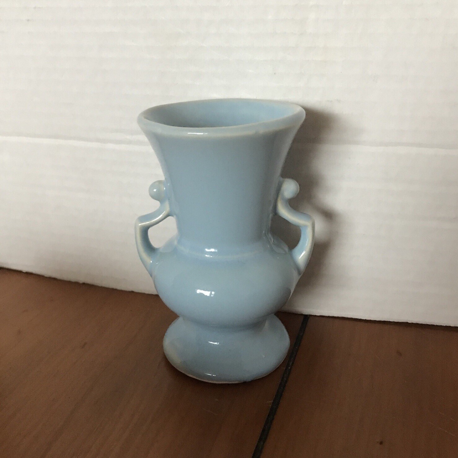 Light Blue Double Handled 5″ Tall Bud Vase Stamped USA