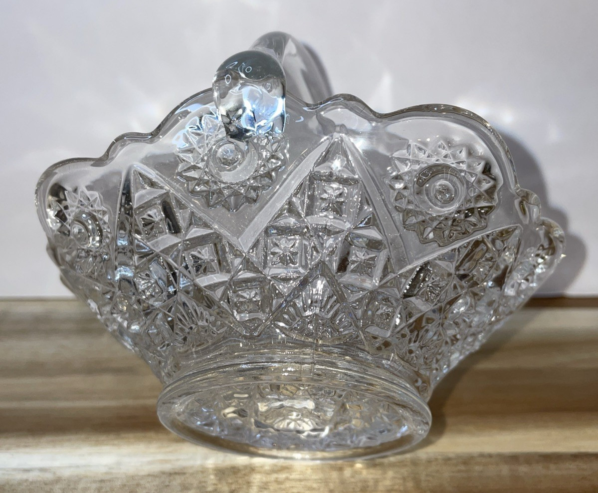 Clear Glass Basket Bowl With Handle Crystal Type 4″ Tall x 5″ Wide Used