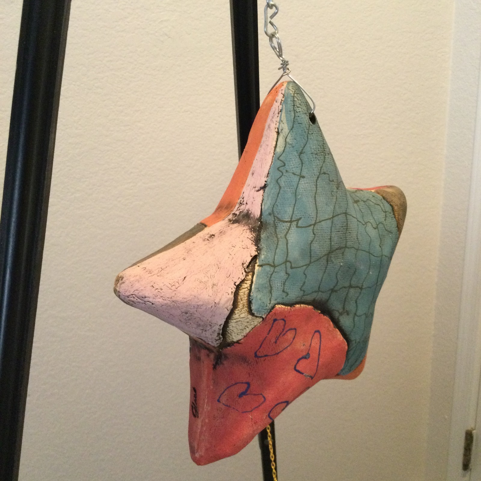 Hanging Handmade Clay Pottery STAR Sign by Artist Glora, Patchwork-Style