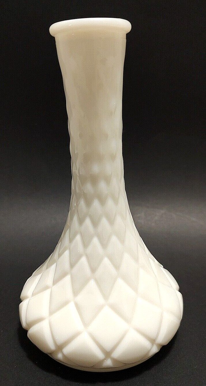 Vintage 1960s Hoosier Milk Glass 4062 Bud Vase Diamond Cut White Opaque Glass 6″