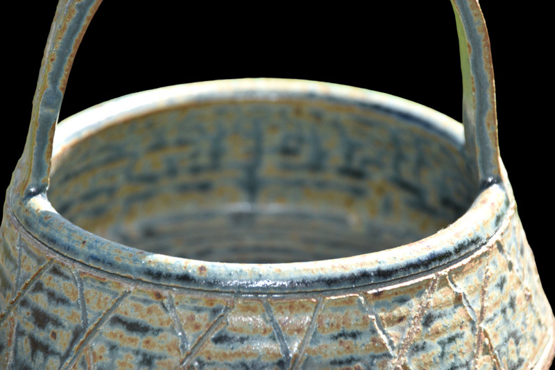 Vintage Art Pottery Basket Handbasket Heavy Signed Handmade USA 6″Diameter 6″ T
