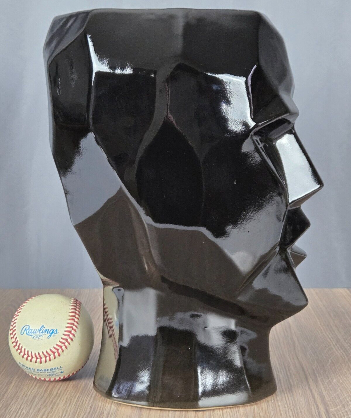 Black ceramic cubist style head vase planter 12″ geometric face pottery