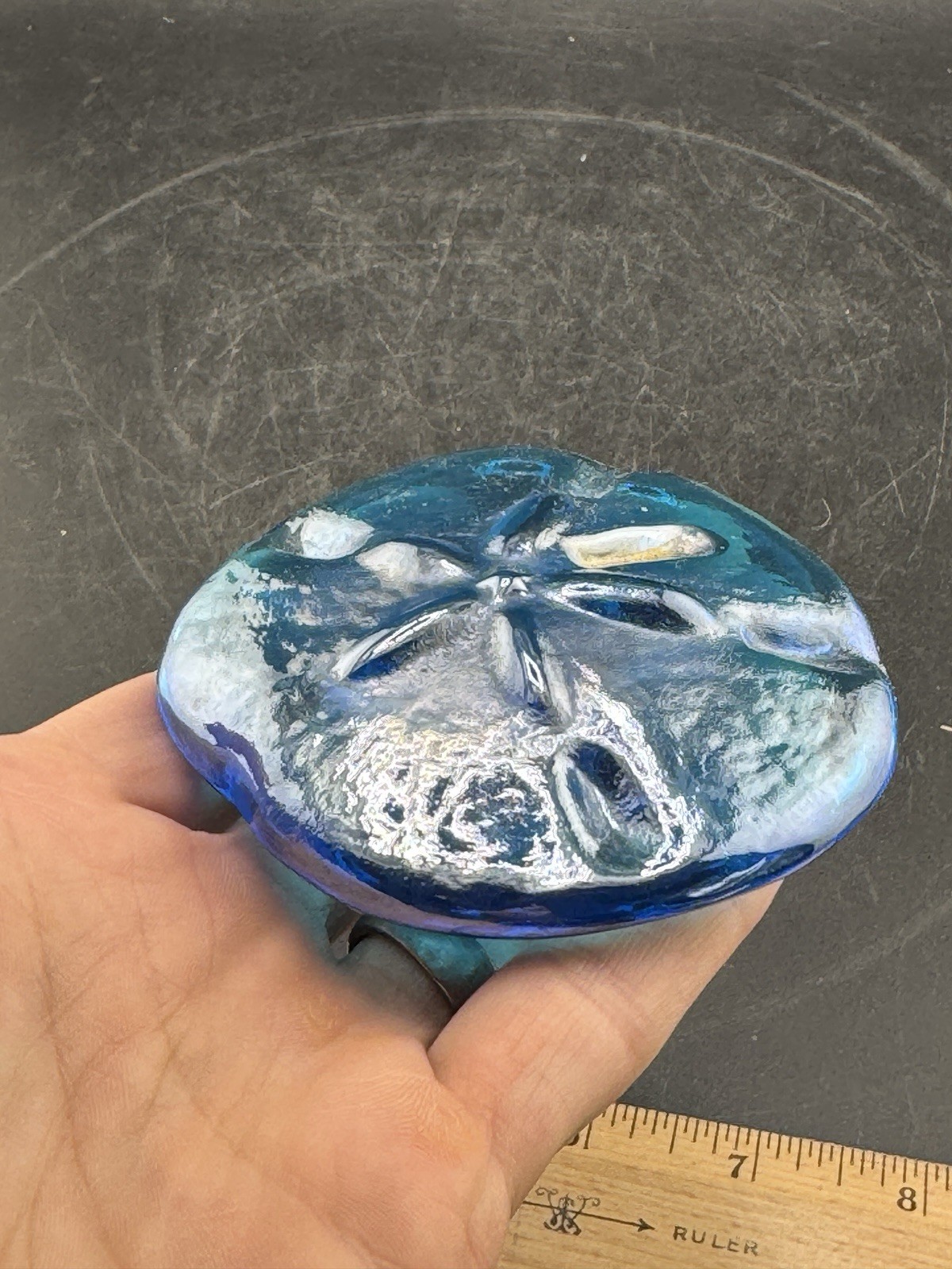 Vintage Iridescent Blue Glass “Sand Dollar” Paperweight