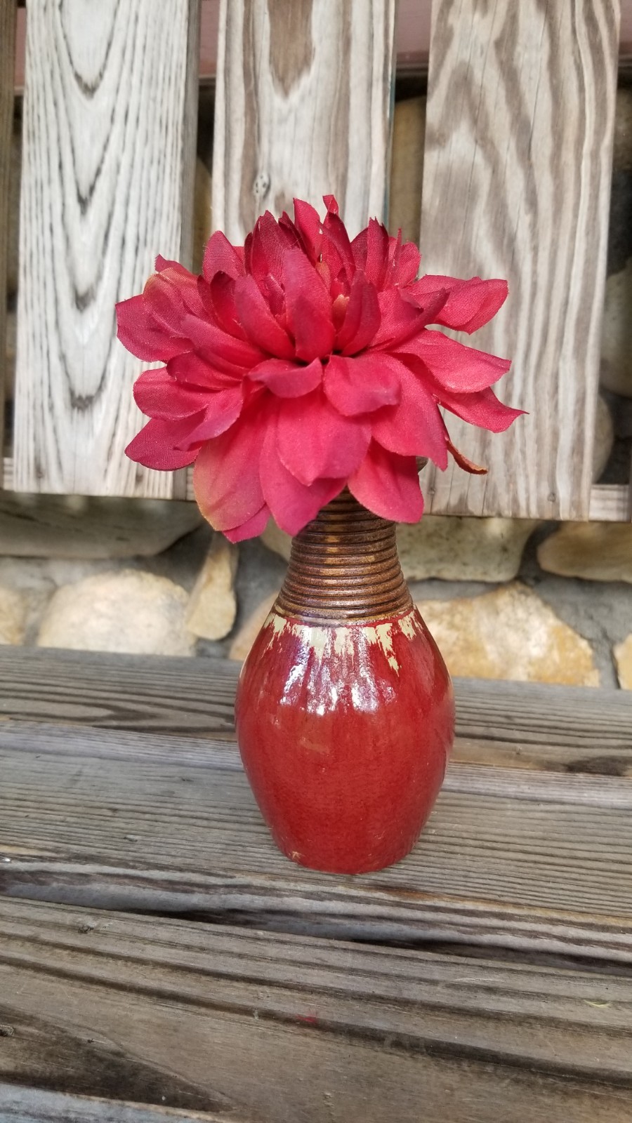5.5″ Pottery + Wood Vase Vintage w/Red Fabric Dahlia Autumn Thanksgiving Decor