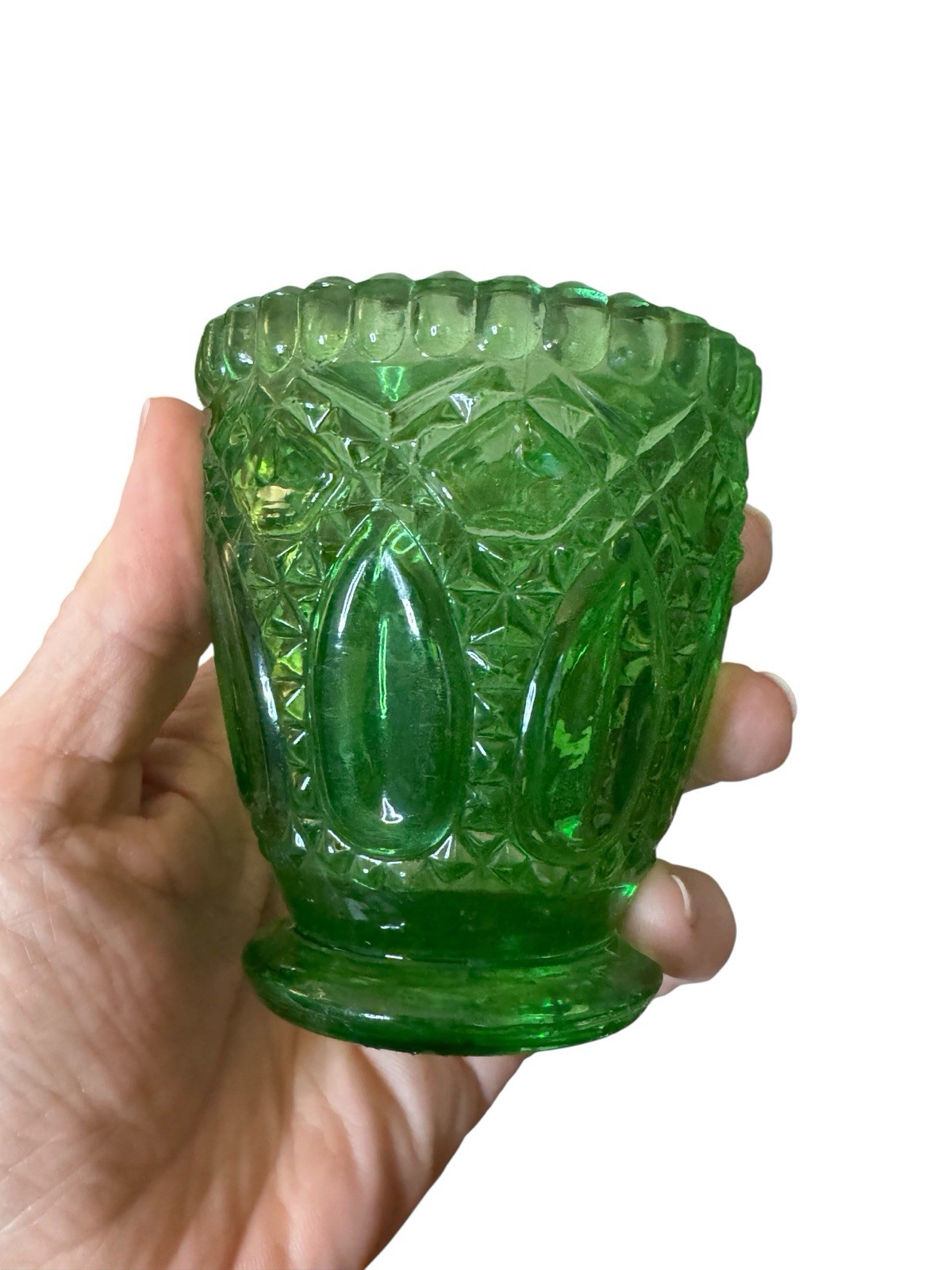 Vtg Green Glass Vase Spooner Votive Candle Holder 3” Tall 2.5” Diameter