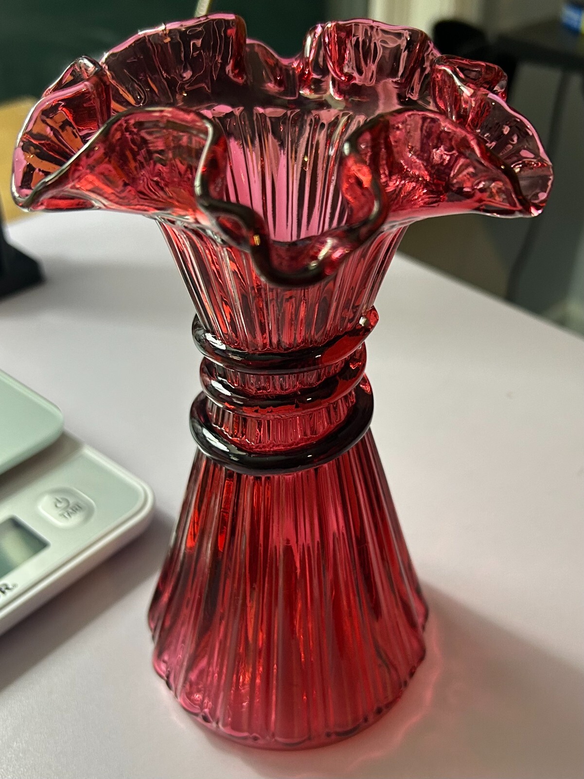 Vintage Fenton Cranberry Wheat Glass Vase 7 1/2 inches tall 3 1/2 inches wide