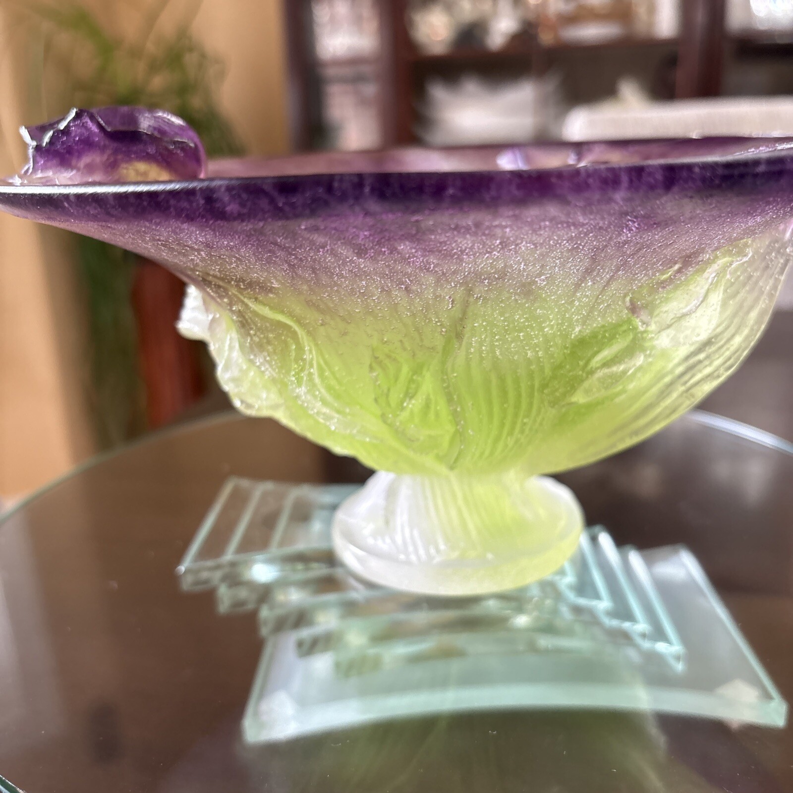 DAUM FRANCE PATE DE VERRE LARGE IRIS CETERPIECE BOWL SIGNED 8 3/4”-MINT