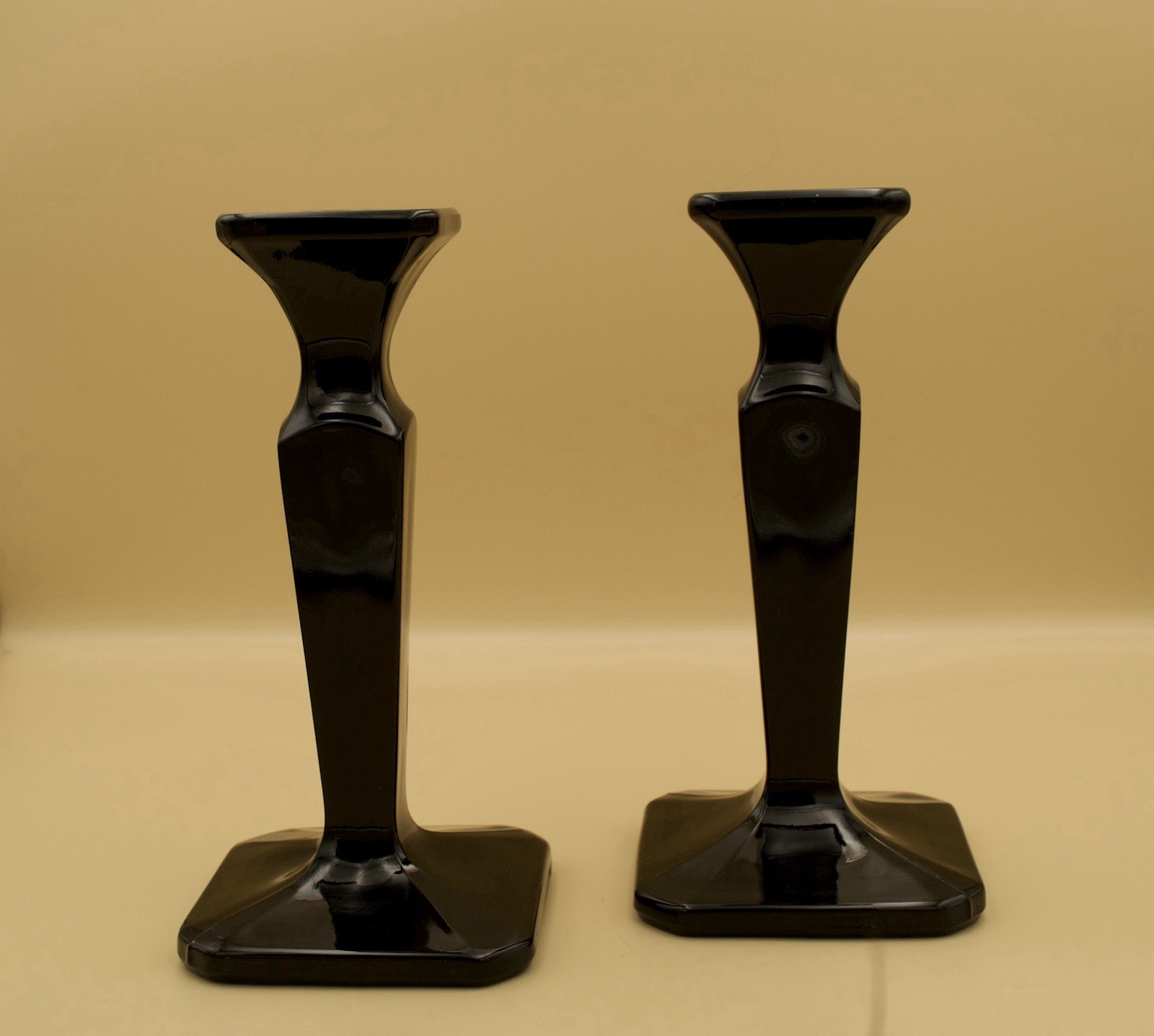 Black Glass Candlestick Holders, Pair