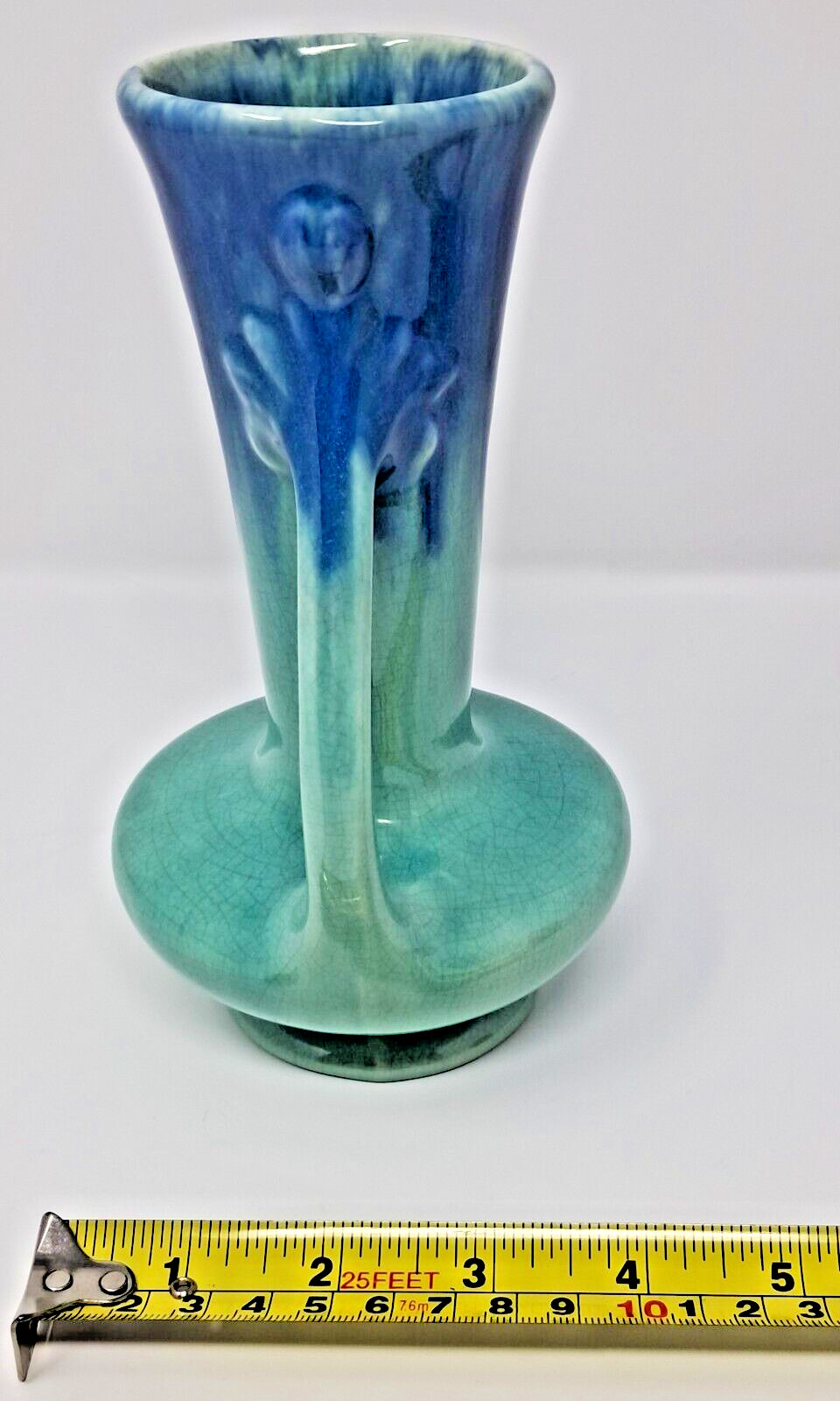 Pittsville Pottery Ceramic Vase 7″ tall bicolor blue 1930s double handle vintage