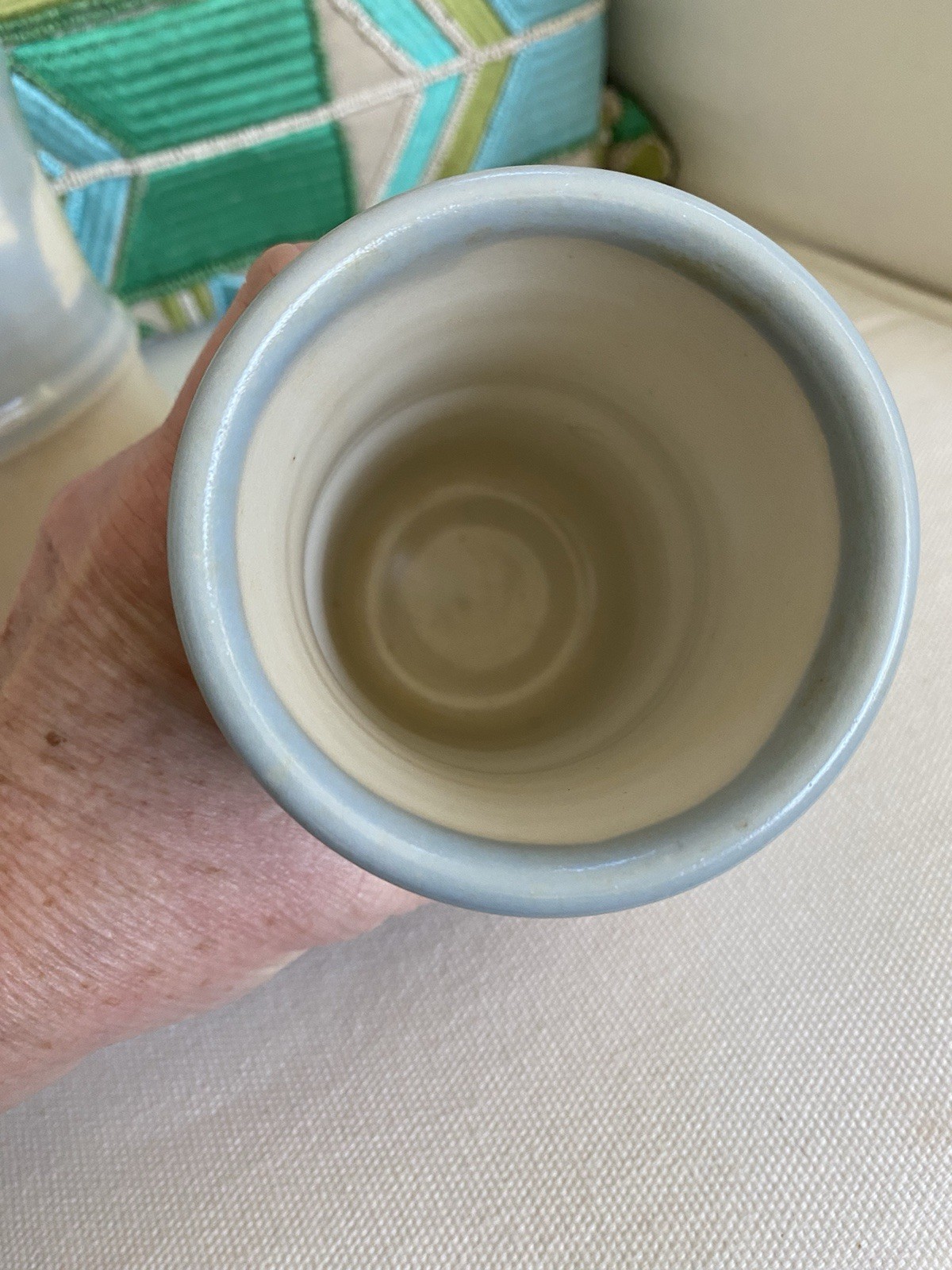 Signed Marguerite Set of 2 Studio Pottery Vases Butterflies Light Blue Tan Cream