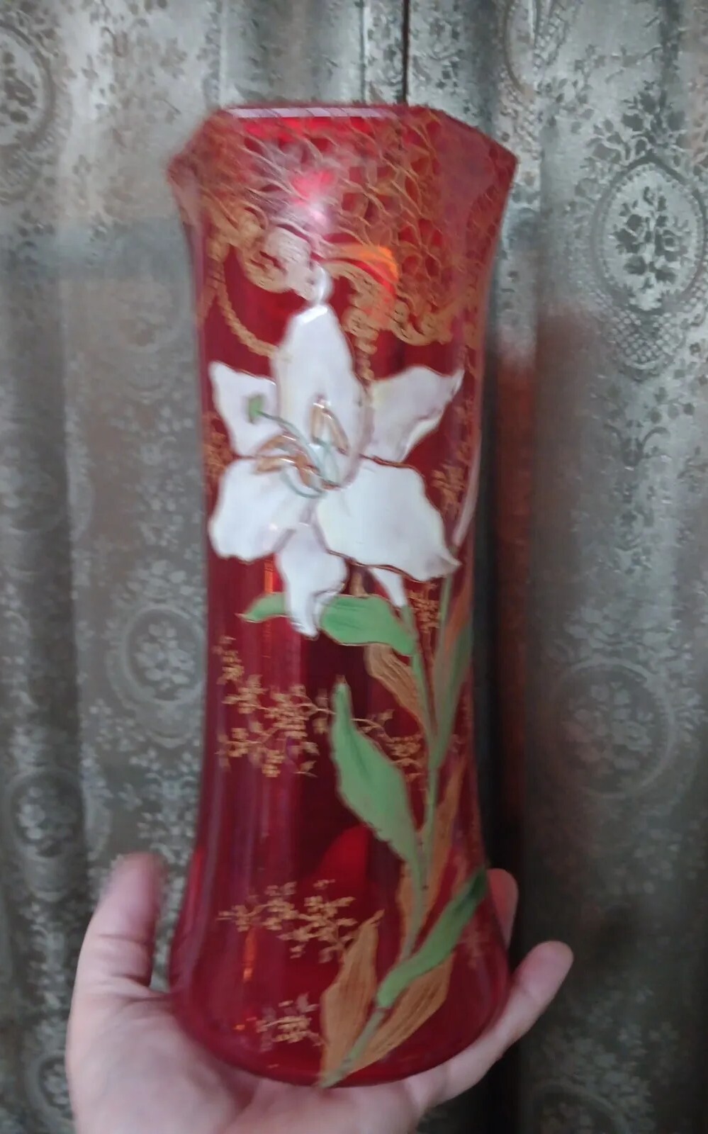 Antique Mont Joye Legras Art Glass Vase Easter LILY Heavy Hand Painted Enamel