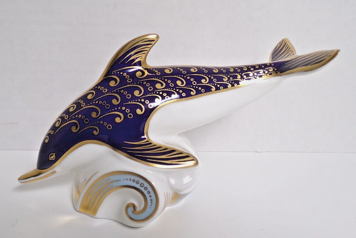 Royal Crown Derby Cobalt Imari Dolphin Porcelain Paperweight 1987 Marked 3.5”