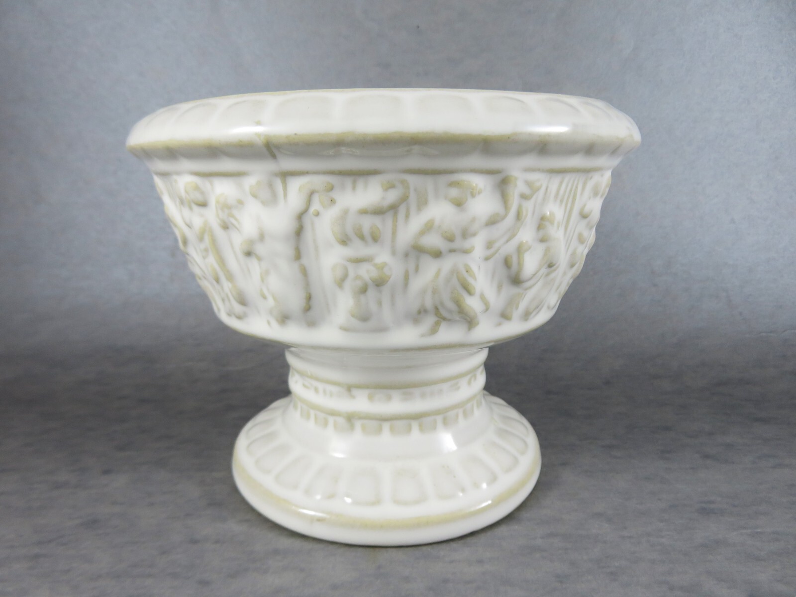 Ceramic Planter Pedestal Bowl Embossed Roman Figures 4.75 In High Vintage 1970s
