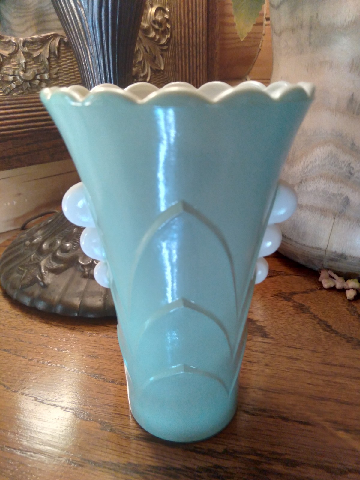 Anchor Hocking Fire-King Jadeite Green & White Vitrock Deco Vase~Glows~1930’s