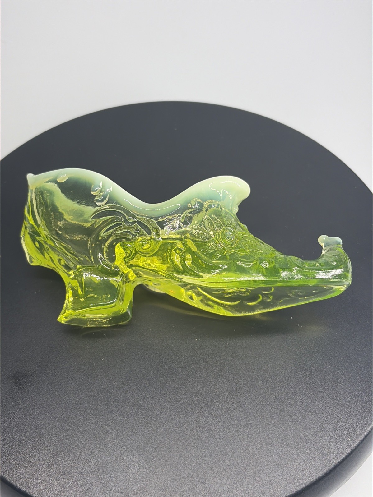 Mosser Opalescent Vaseline Uranium Rose Slipper Shoe Figurine 6″ UV Glow Vintage