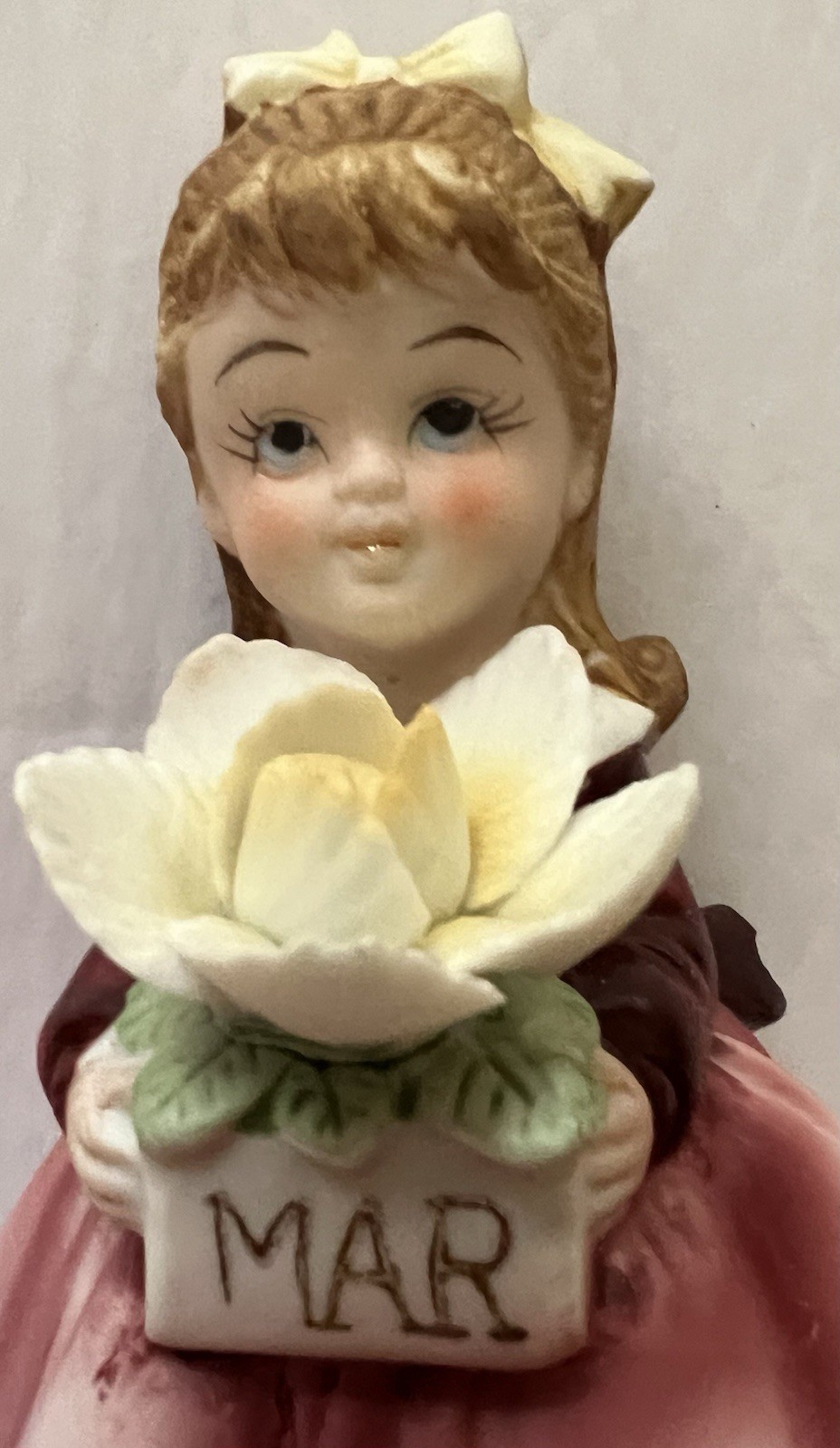 Lefton Birthday Girl Figurine MARCH 4 1/8” Tall KW 7227 Hand Painted Pink Dress