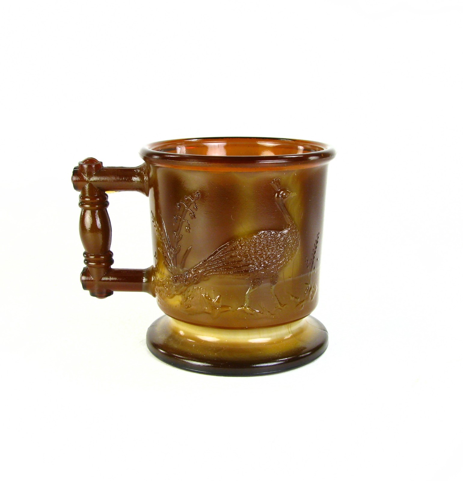 Degenhart Glass Chocolate Stork & Peacock Child’s Mug – Early 1970’s