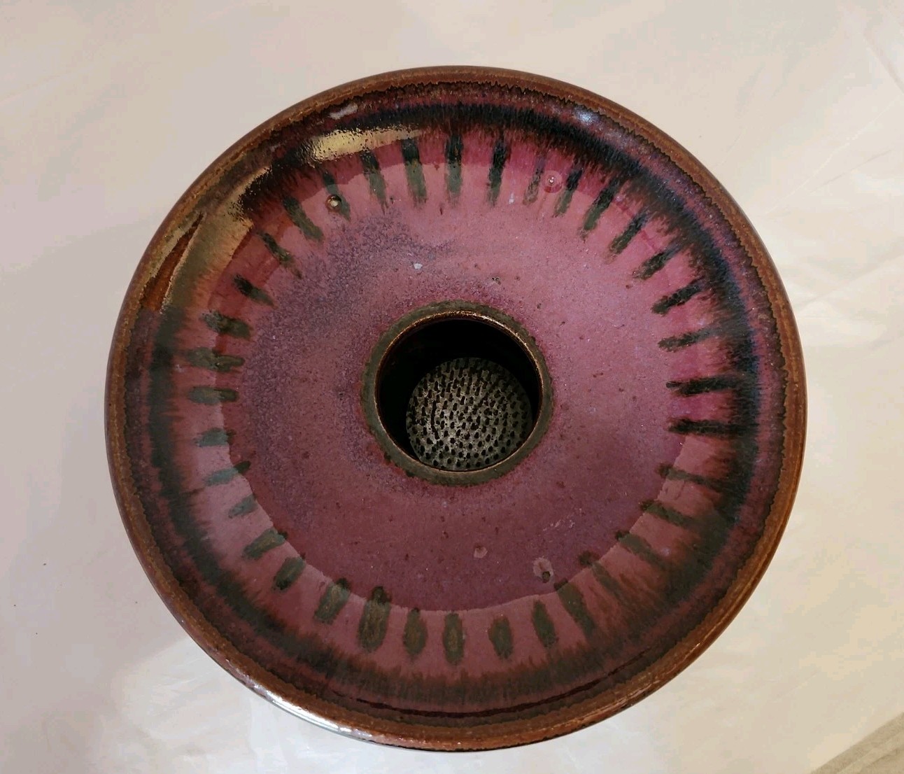 Ikebana 8.25″ Vase W Flower Frog Purples Maroon Blues Pottery Round Disc Signed