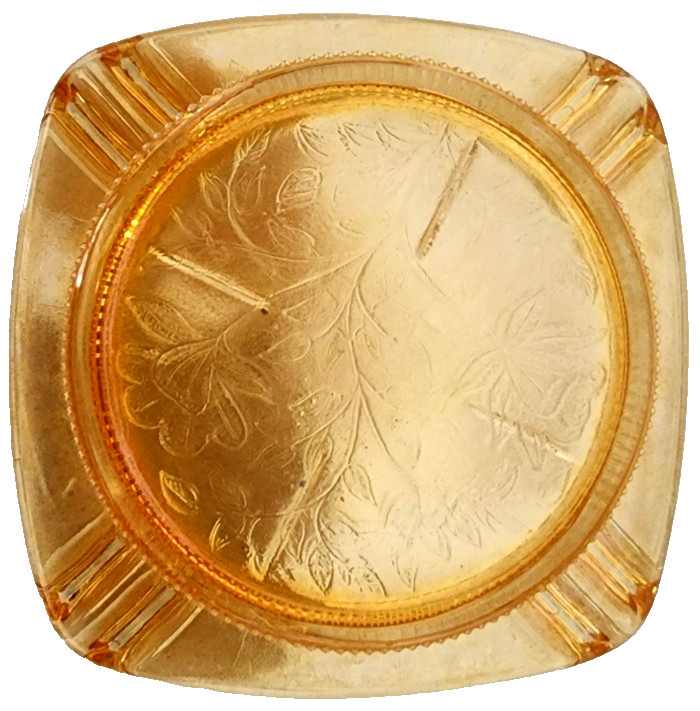 Vintage Amber Depression Glass Square Ashtray 4.25″ Etched Leaf