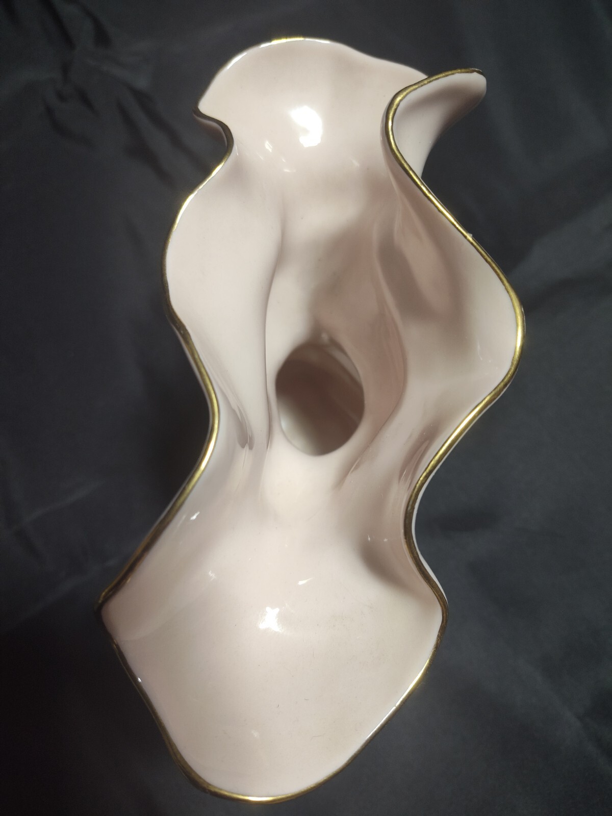Newell Studios Ceramic MCM Pottery Vase Pink with White Leaves Gold Trim