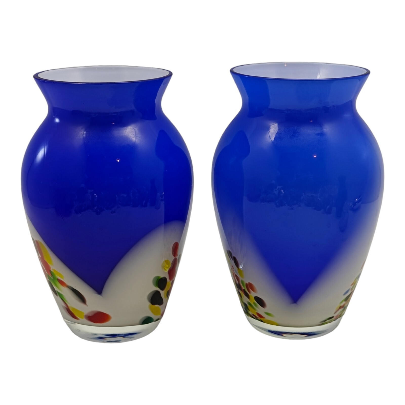 Hand Blown Art Glass Vases Cobalt Blue Confetti Cased Lot Of 2