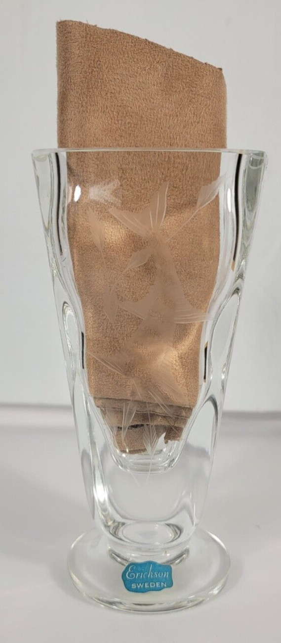 Carl Erickson Sweden Clear Art Glass Etched Sailfish Vase Mid Century