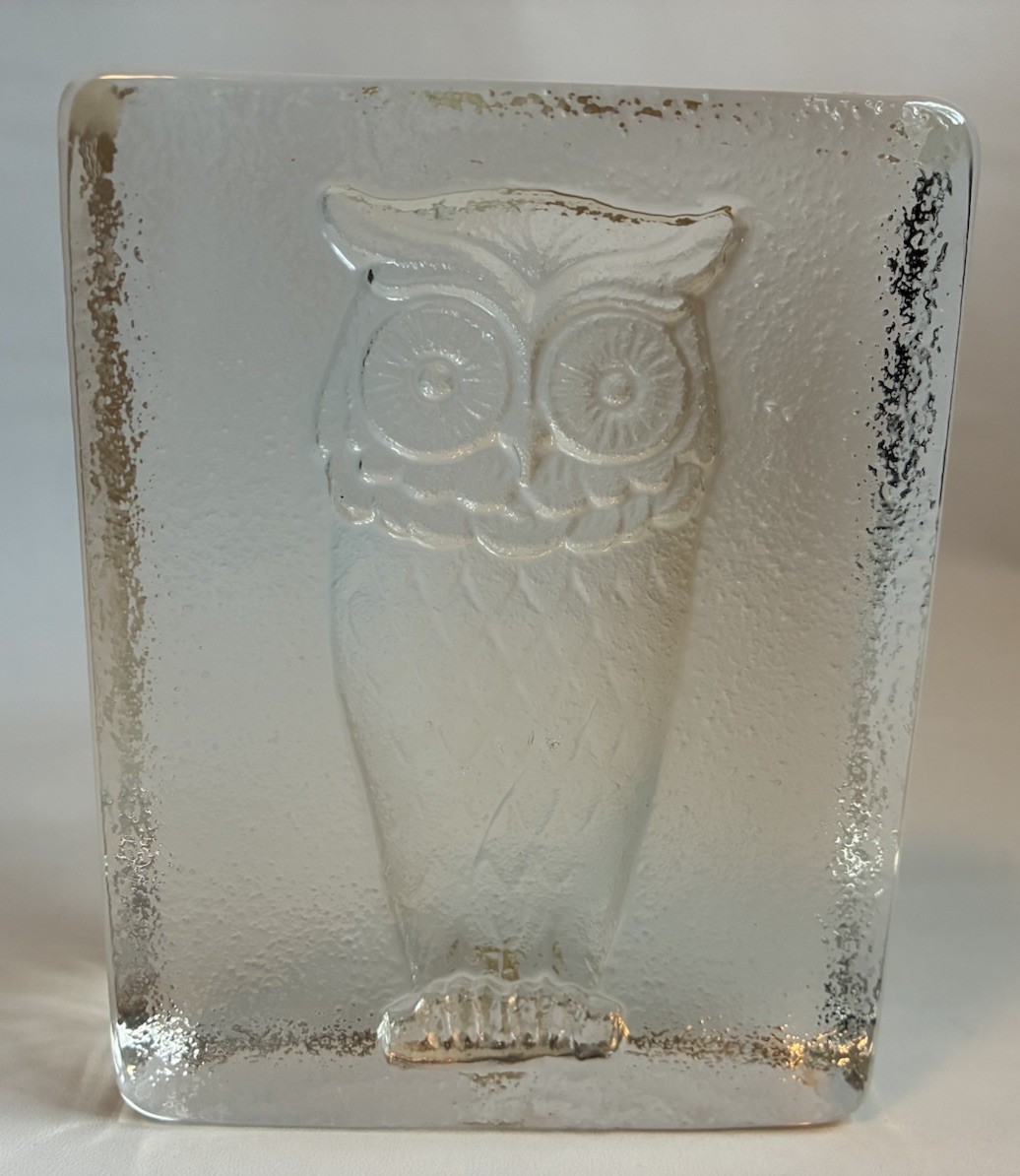 vtg Owl Glass Paperweight Sarnen Glas Switzerland etched carved ice block 4.75″