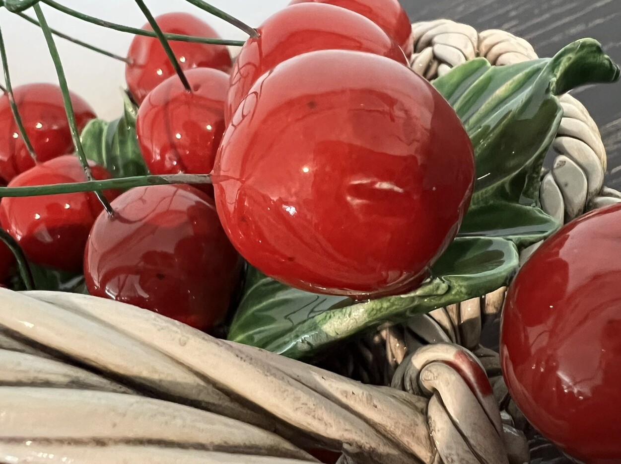 Bassano Ceramic Art Cherries in White Basket Centerpiece Made in Italy