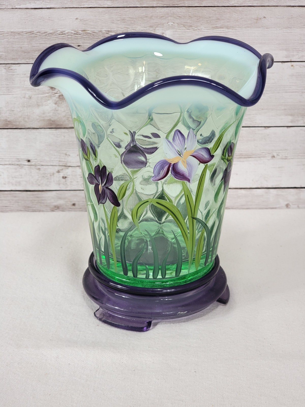 Fenton Designer Showcase Iris Vase Green Opalescent Martha Reynolds Stand 1 FLAW