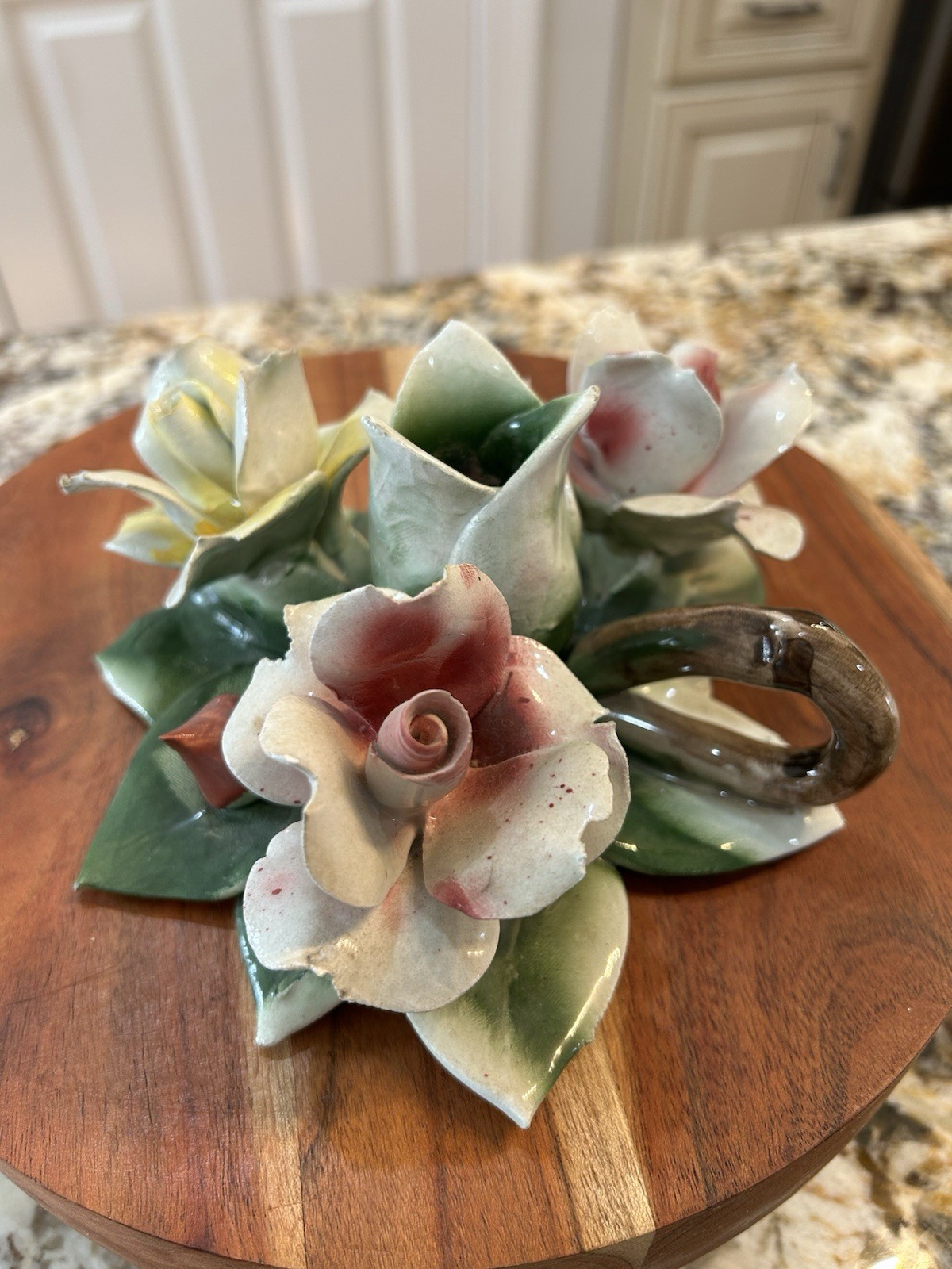 Vintage Capodimonte Pink and Yellow Roses And buds, Candle Stick Holder