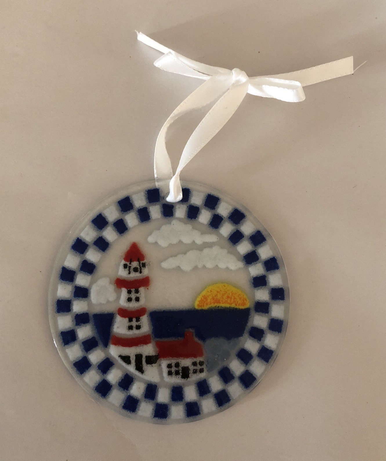 Artist Signed Handmade Fused Glass LIGHTHOUSE SUNCATCHER Nautical Decor 3.5”
