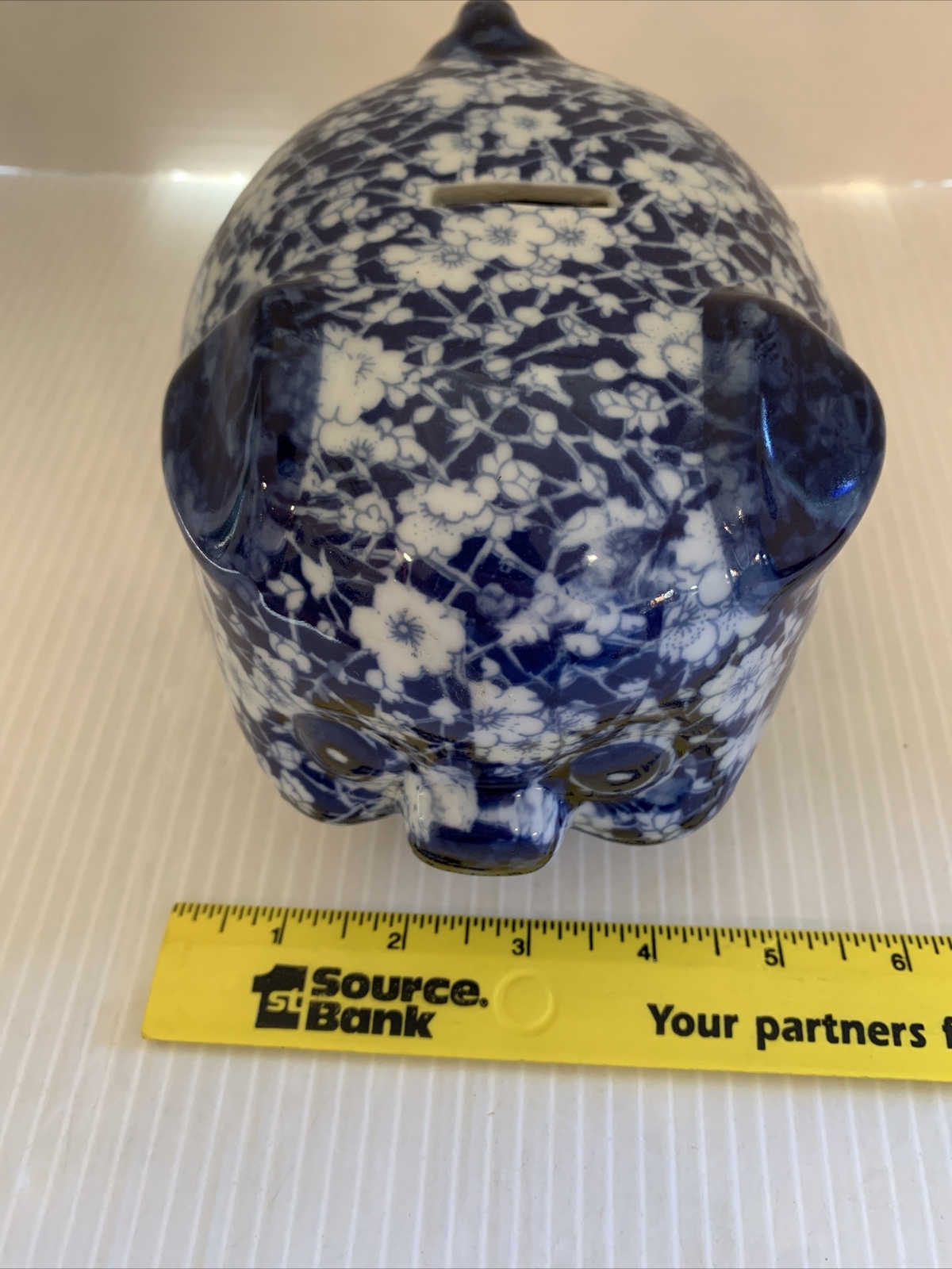 Vintage VICTORIA WARE IRONSTONE Blue White Floral Calico Pattern Piggy Bank EUC