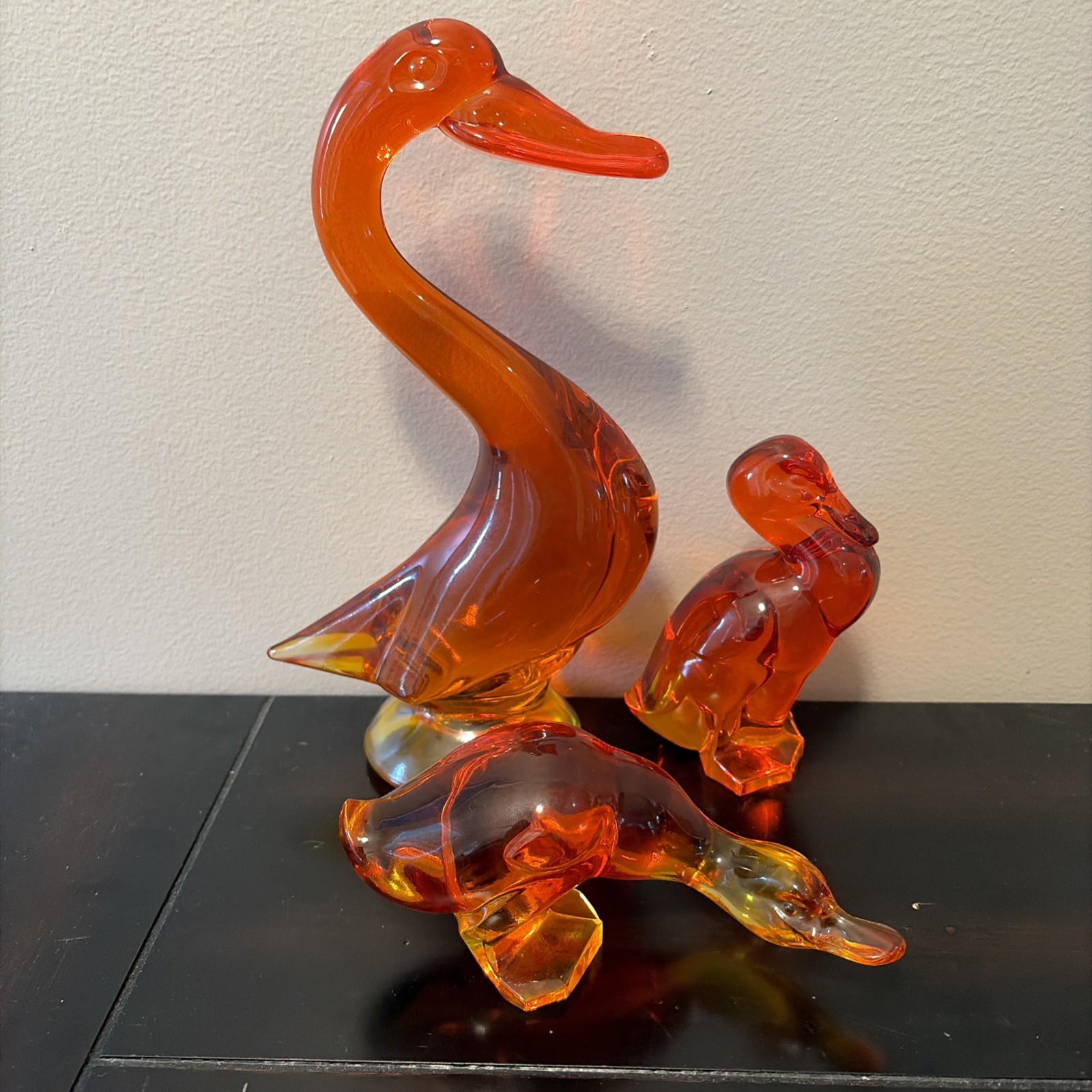 Viking Glass Amberina Duck Figurines Matched 3pc Set – 9″, 5″, 6″ Epic Art Glass
