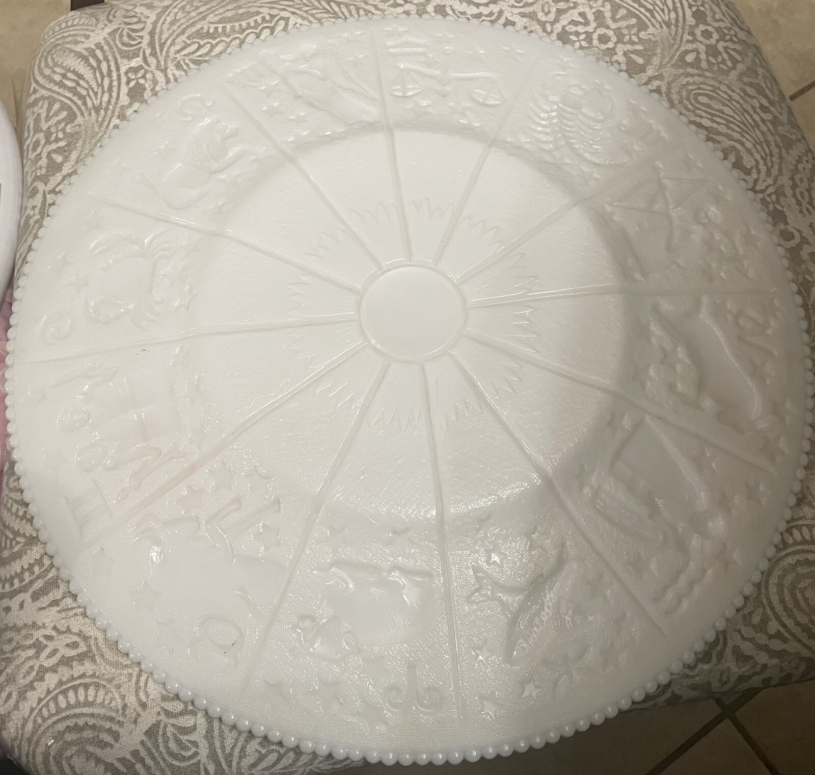 1950 Westmoreland Beaded Edge ZODIAC TORTE MILK GLASS apple design on front