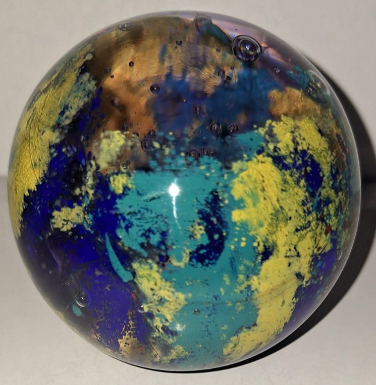 VTG MURANO HAND BLOWN ART GLASS 3″ SPHERE ORB PAPERWEIGHT BLUE RED YELLOW BUBBLE