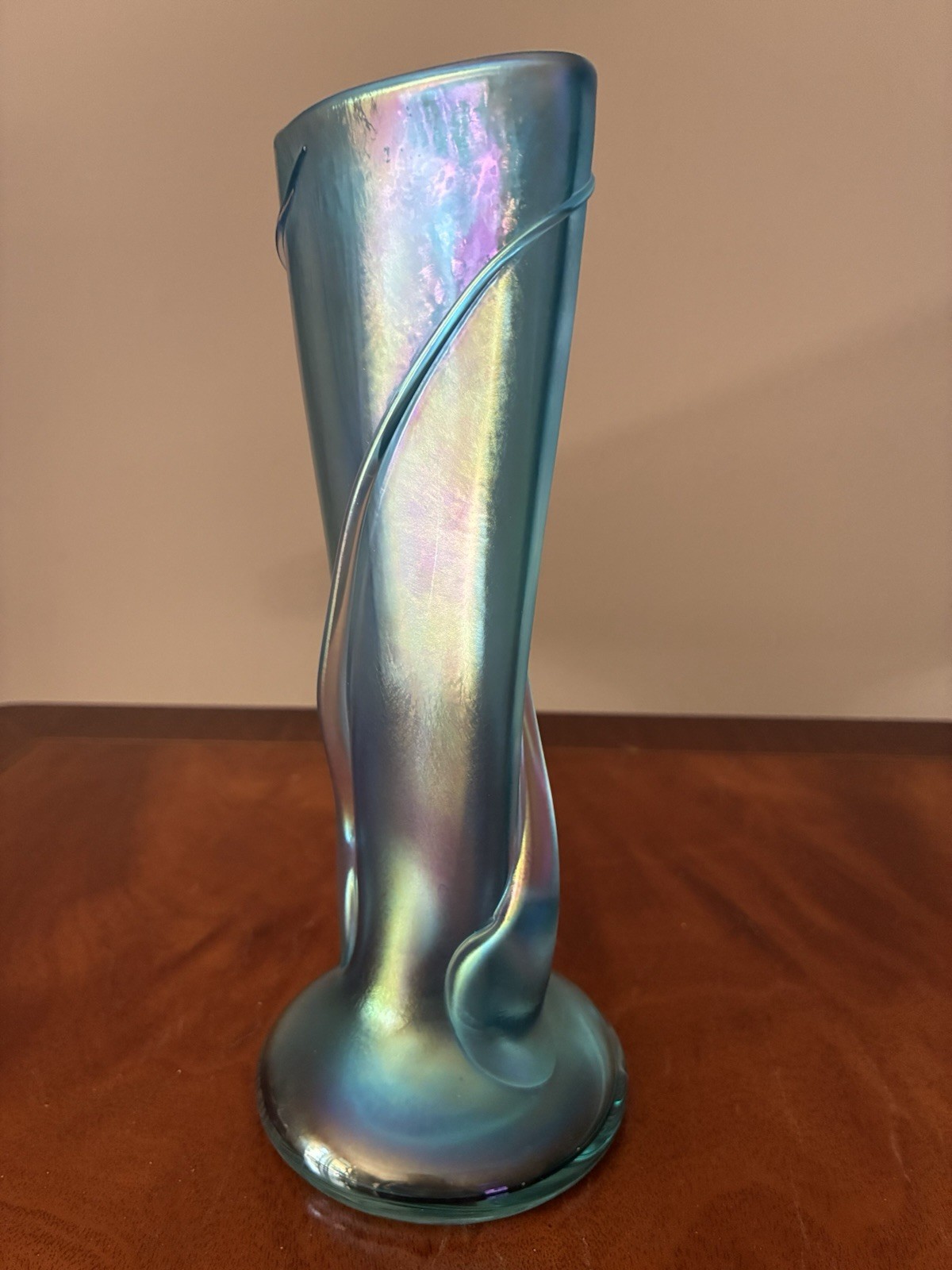 Zellique Glass Studio Iridescent Blue 8” Art Glass Vase Signed JM Joseph Morel