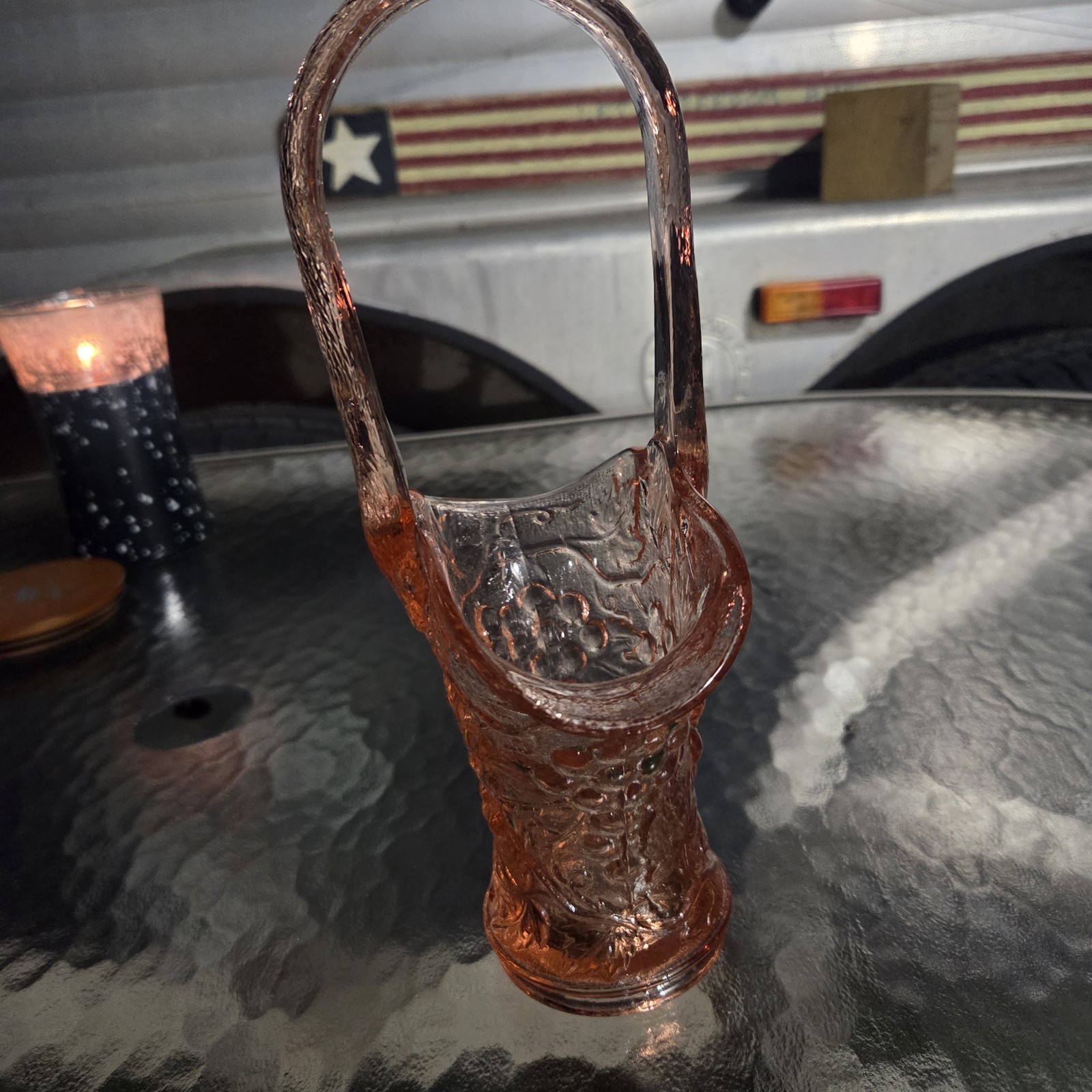 Vintage Pink Glass Basket Grape Leaves Design 10 Inches Tall