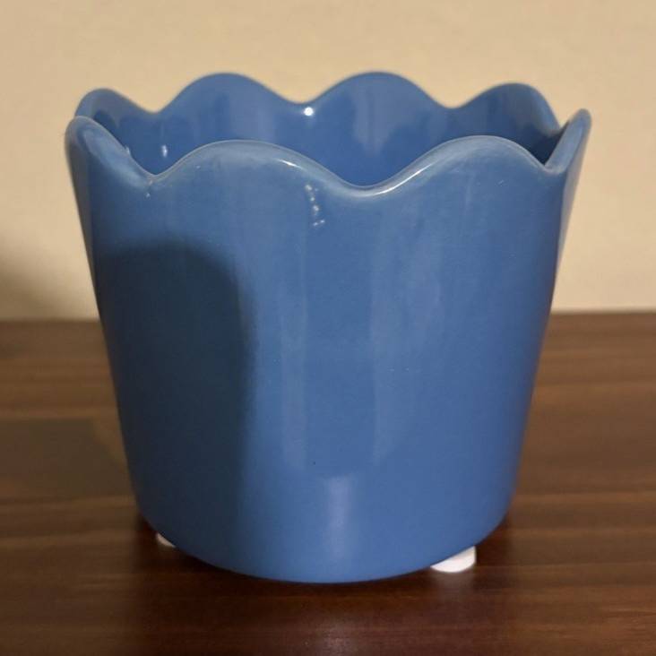 Small Blue Glossy Ceramic Round Planter Pot, Scalloped Rim, Solid Color