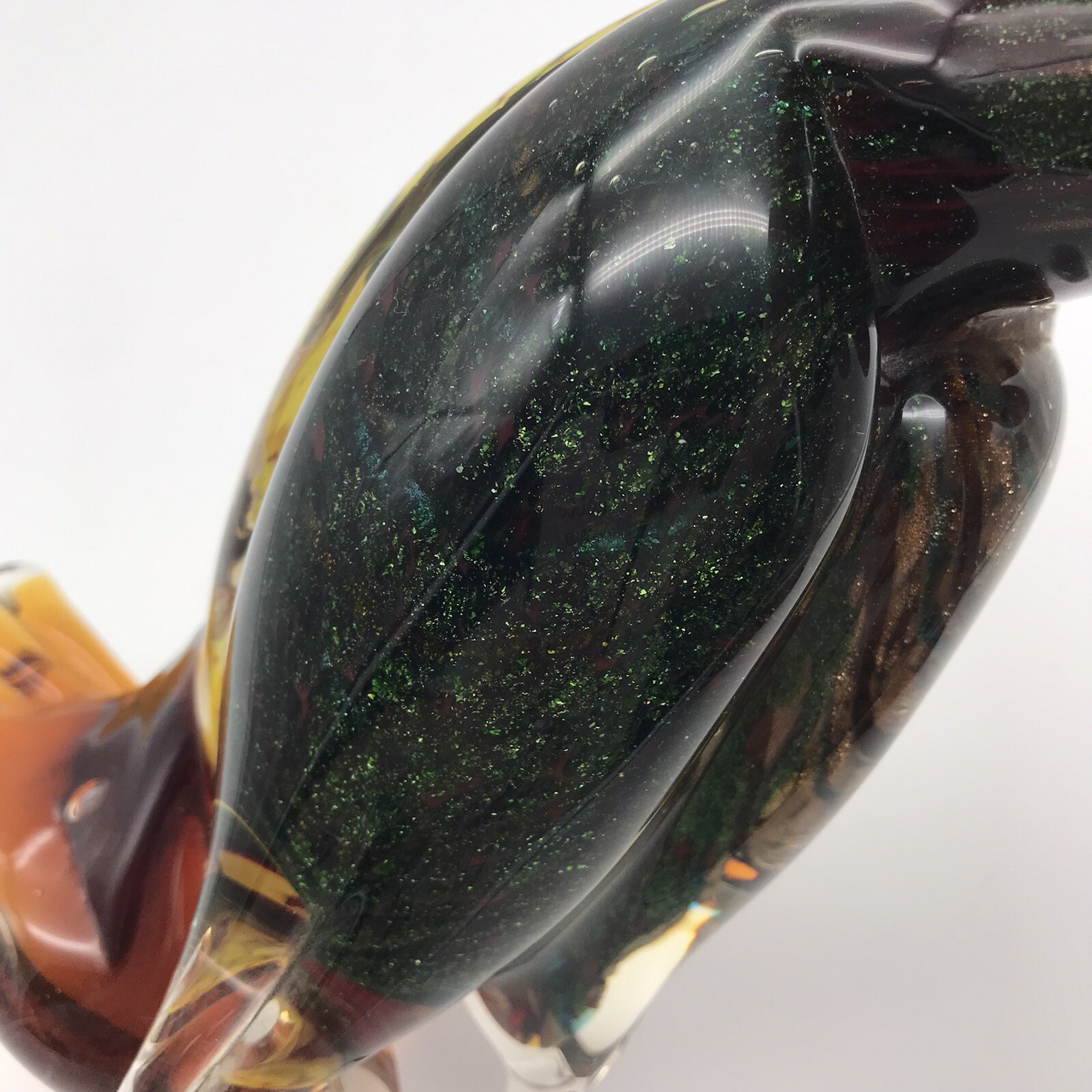 Art Glass Pelican Bird Animal Colored Flecks Green Yellow Amber Color Heavy READ