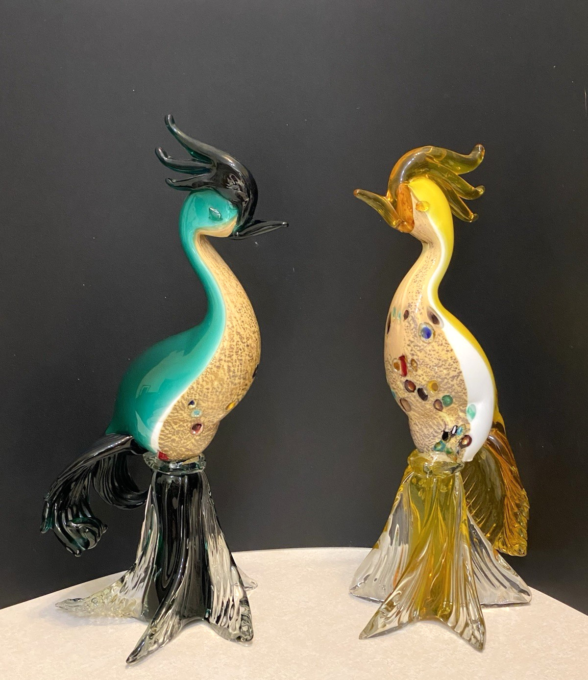 Vintage Murano Glass Bird of Paradise – Rare Pair In Yellow And Green-MCM