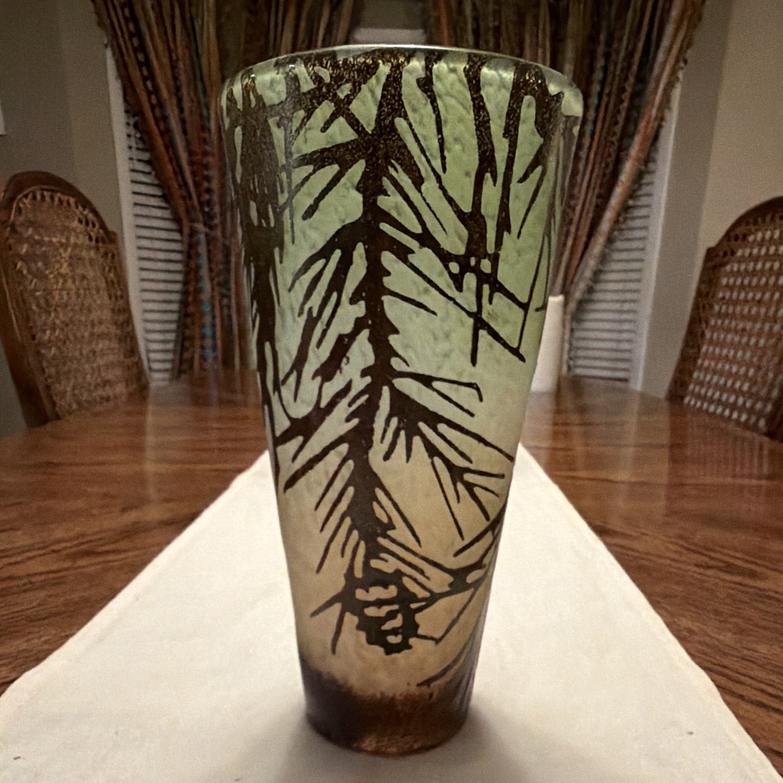Charles Schneider Inspired Pate Art Deco Cameo Glass Green and Orange Vase