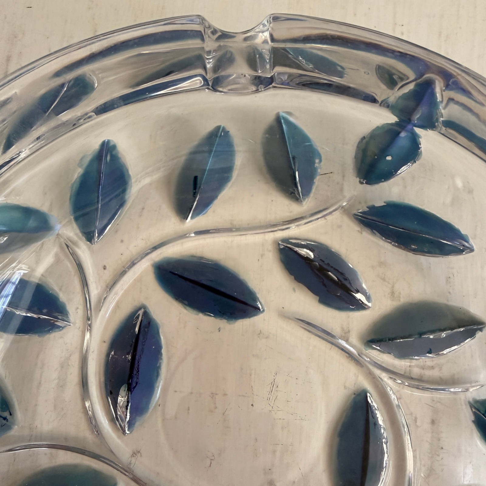 Colorful Blue & Green Leaves Heavy Glass Ashtray 7 inch Diameter 2 1/4 lbs