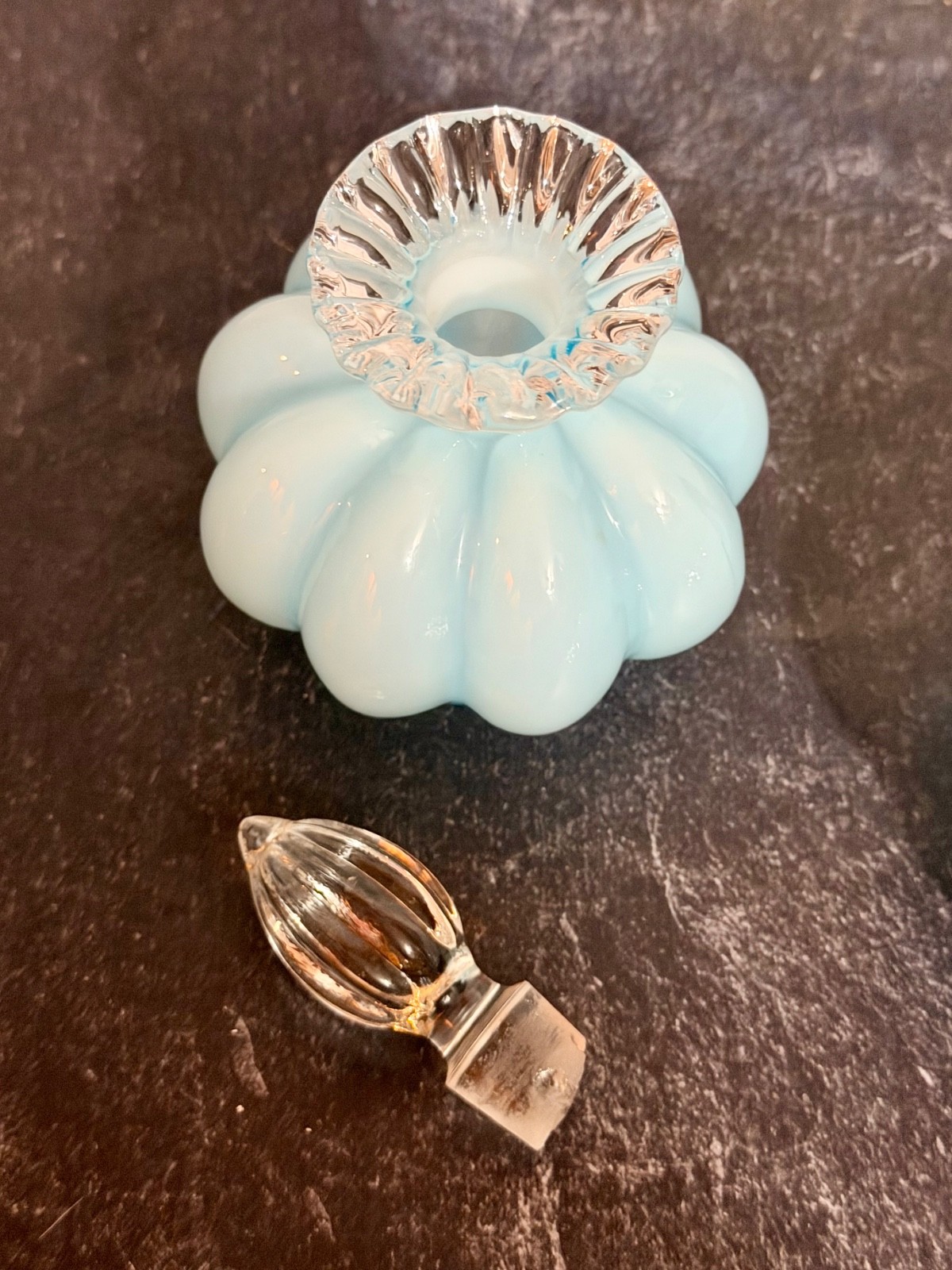 Vintage 3 Pc Fenton Dresser Set Blue with Melon Design – Good Condition READ