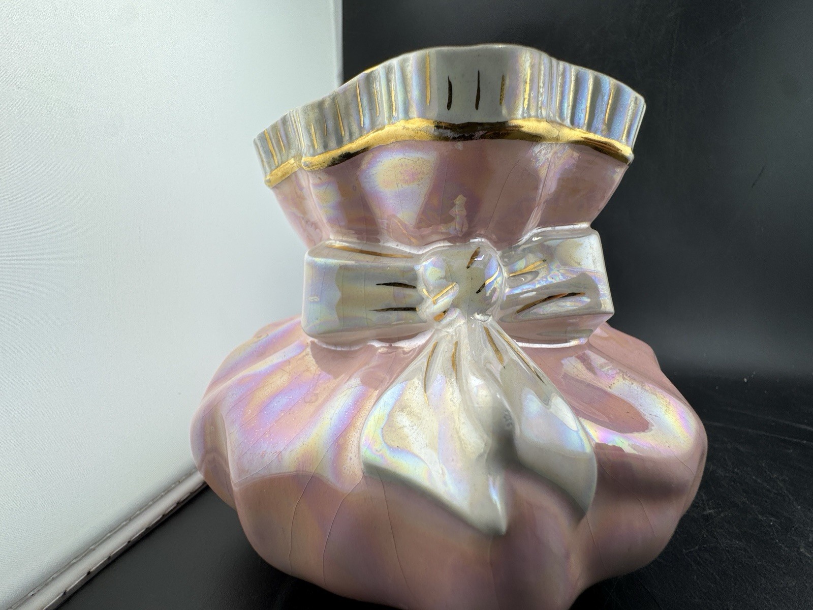 Vtg Holland Mold Style Vase Pink Ruffle Ceramic Hand Painted 1956 Signed