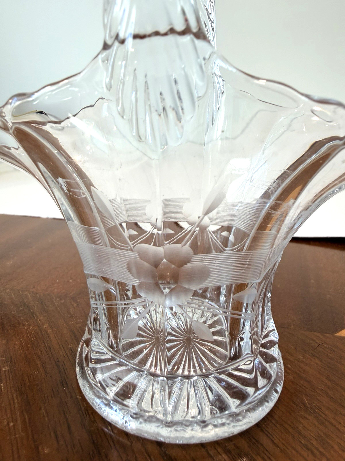 Vintage Cut Crystal Glass Basket Twisted Handle Etched Flowers Sunburst Base