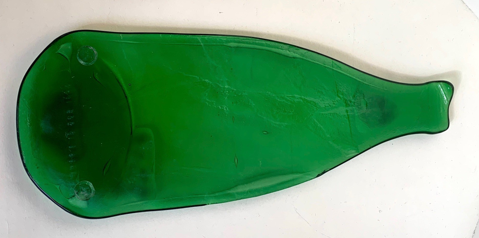 Slumped Glass Green Wine Bottle with Fused Art Glass Prunts. Cheese Server Tray
