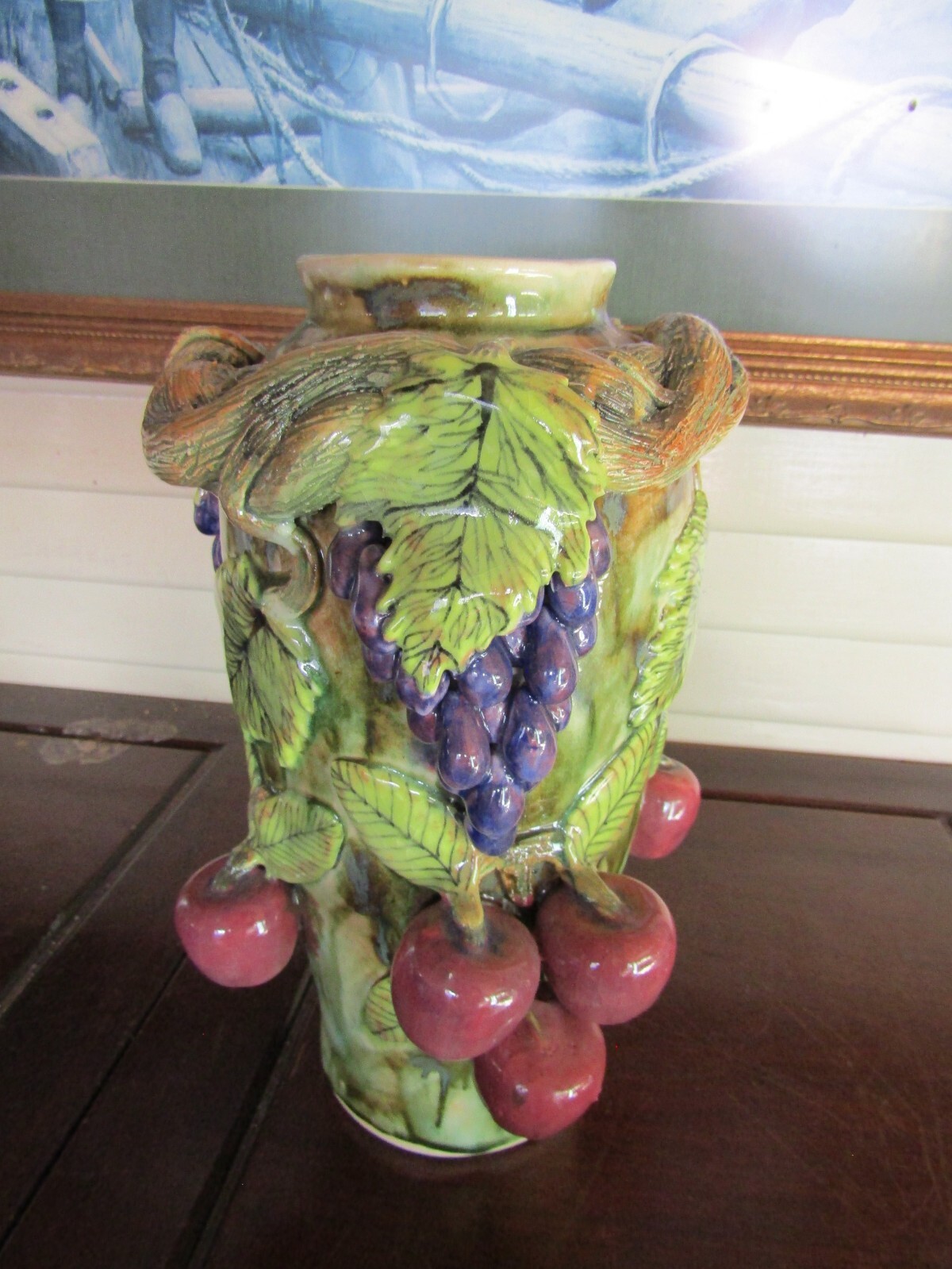 VTG. LARGE MAJOLICA GRAPE VINE & APPLE POTTERY VASE/JUG 12 1/2” TALL/ STUNNING